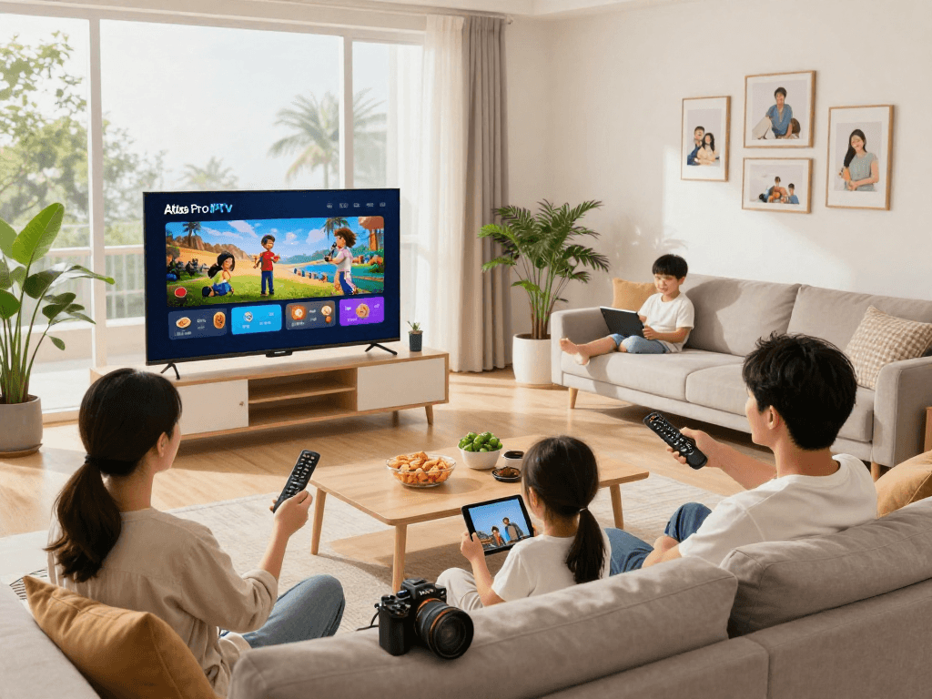 Famille profitant du service IPTV Atlas Pro dans un salon lumineux et accueillant.