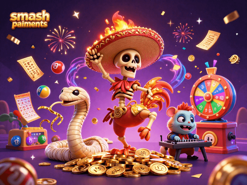 Illustration dynamique sur les paiements smash casino avec une ambiance festive de casino.