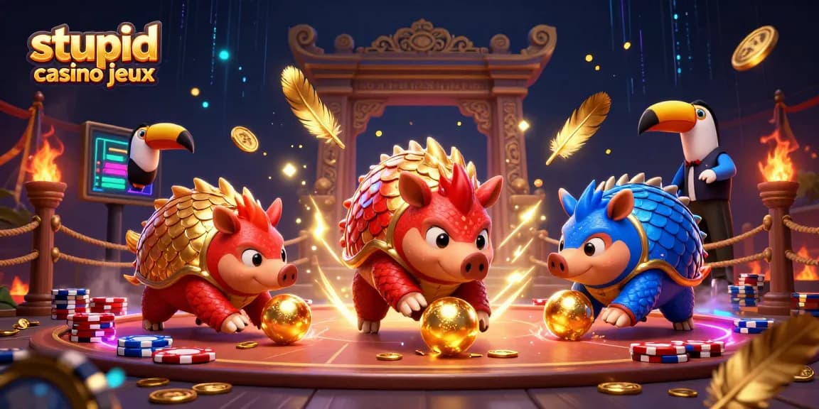 Les jeux Stupid Casino : pangolins en armure rouge et bleue jouant avec des jetons de poker dans une scène animée.
