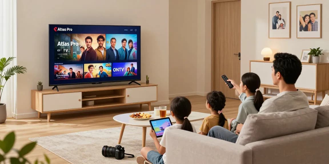 Famille regardant la télévision en streaming avec Atlas pro sur un écran 4K dans un salon moderne