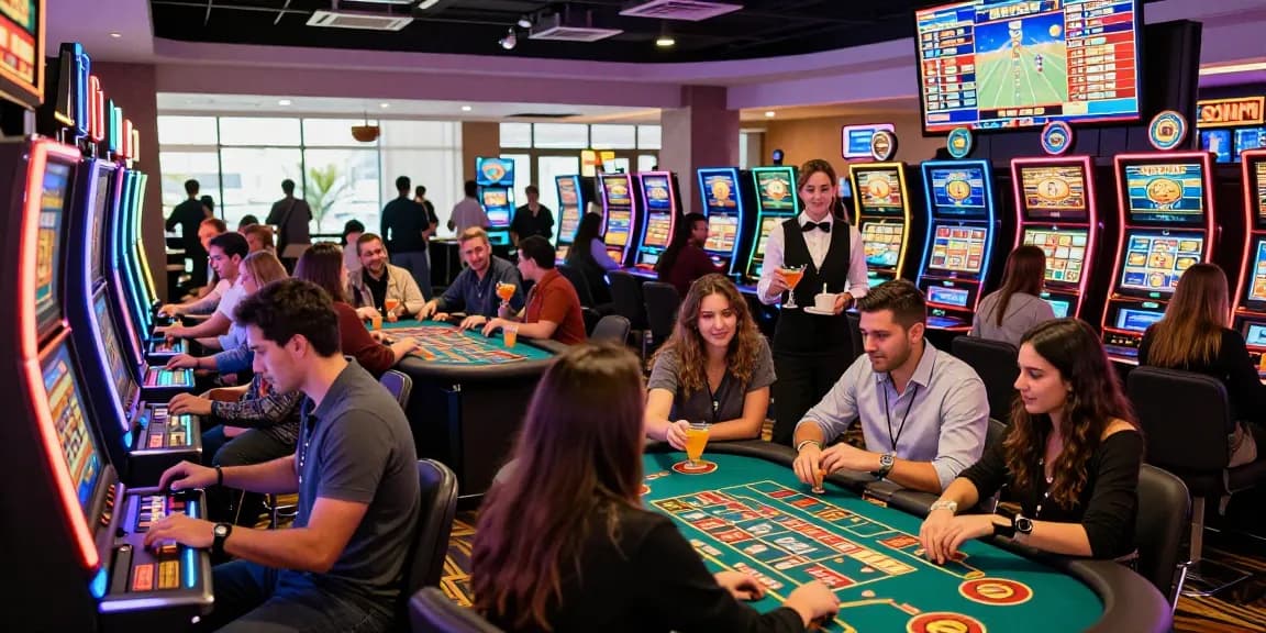 Casino en ligne France, ambiance animée avec des joueurs profitant de leurs jeux préférés dans un espace vibrant.