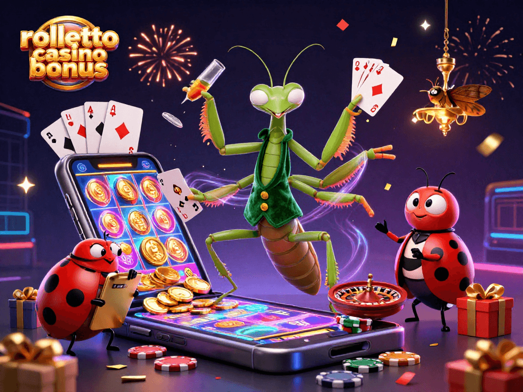 Profitez du bonus du casino Rolletto avec un cartoon vibrant illustrant des jeux en ligne et des célébrations.
