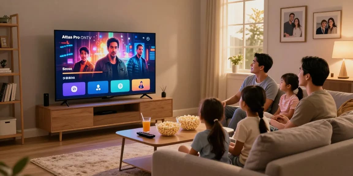 Famille regardant des films en HD avec atlas pro ontv sur Smart TV dans un salon confortable.