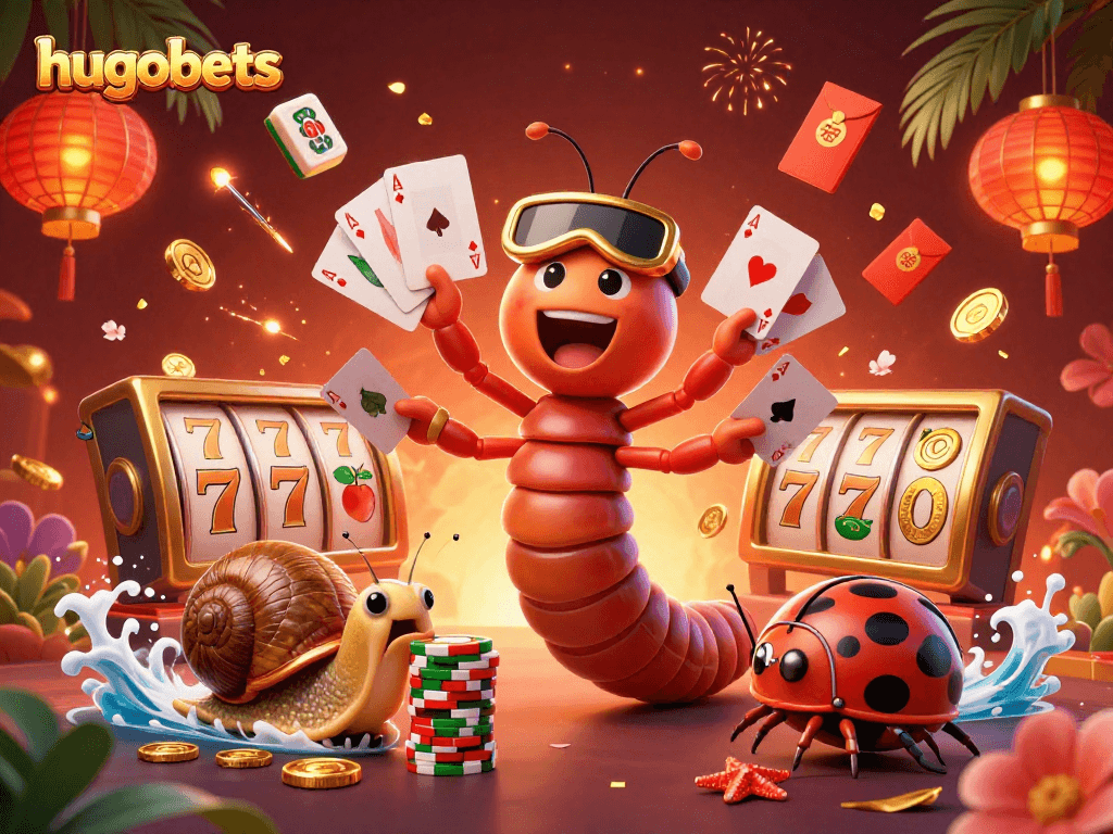Celebrate wins at hugobets with a lively casino scene featuring a millipede dealer, high-stakes gameplay, and festive elements