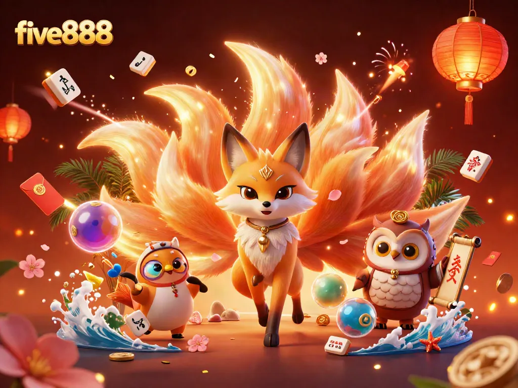 Handle exciting wins in five888’s vibrant casino atmosphere with glowing spirits and colorful elements.