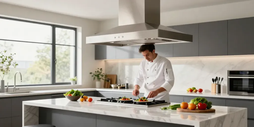 Installation d'une hotte d îlot central dans une cuisine moderne, chef en pleine préparation.