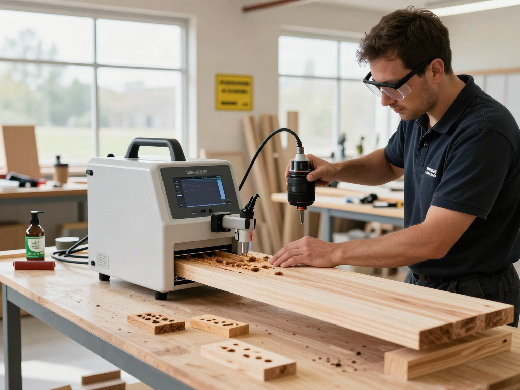 Traitement du bois avec le dispositif Shashel® dans un atelier moderne.