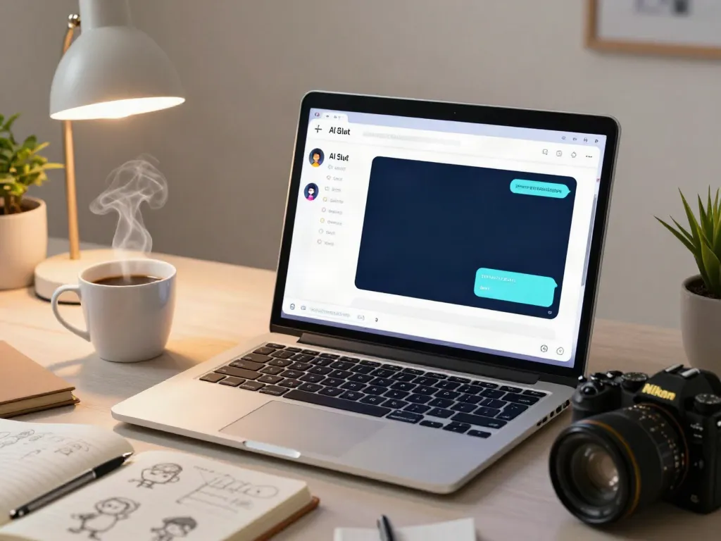 Engaging chat interface with free AI slut character on a laptop screen, cozy workspace.