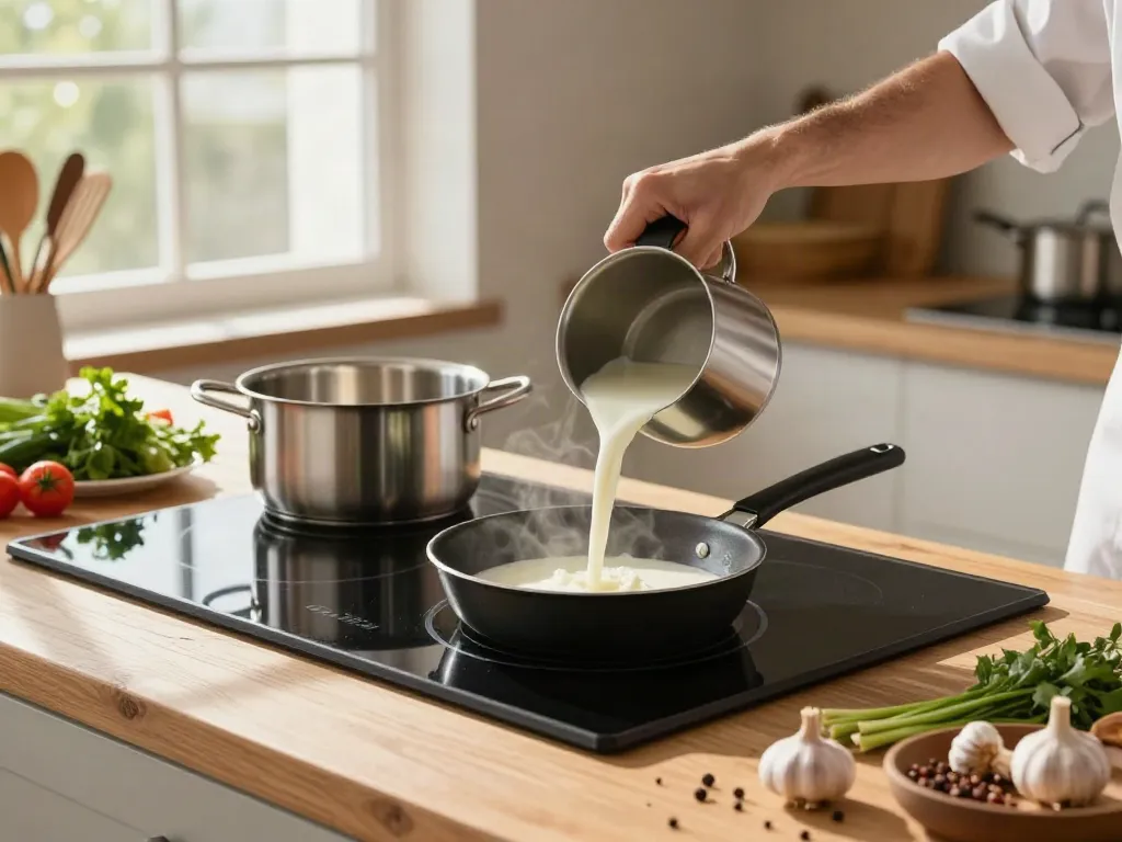 Chef pouring milk into a Milk Pan in a bright kitchen filled with fresh ingredients.