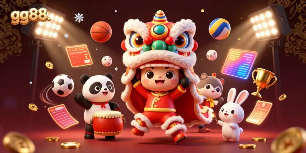 Engaging 3D illustration of the gg88 lion dance, showcasing vibrant characters and dynamic sports elements.