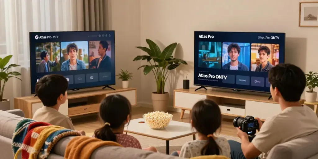 Famille profitant du service Atlas Pro en regardant la télévision.