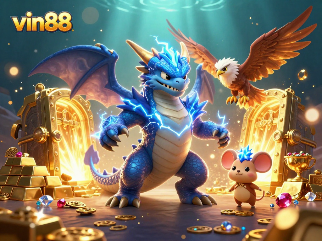 Spin the reels with vin88: an electric dragon, glowing hawk, and treasure trove await!