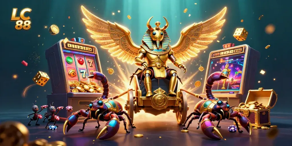 Engage with LC 88's vibrant casino atmosphere featuring a golden beetle, scorpions, and scattered treasures.