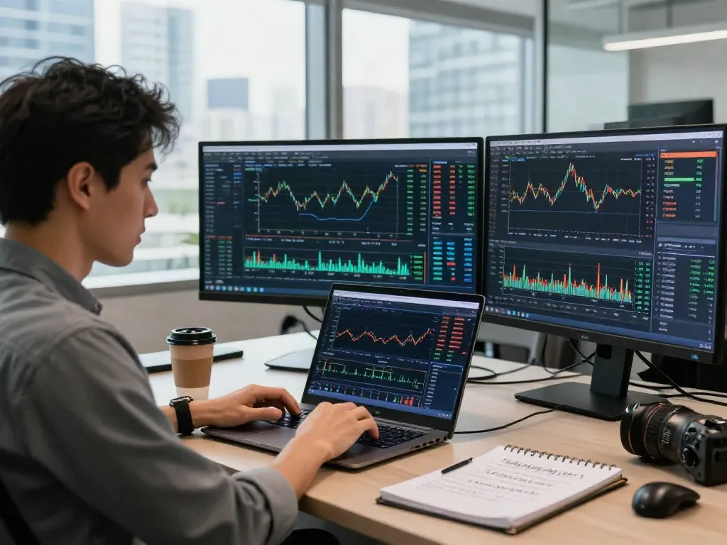Essor Invexaro dans un bureau moderne avec un analyste trading étudiant des données et graphiques en temps réel.