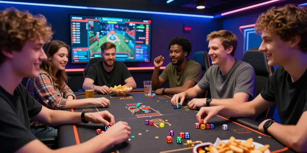 Scène de jeux de dés en ligne avec des amis s'amusant autour d'une table