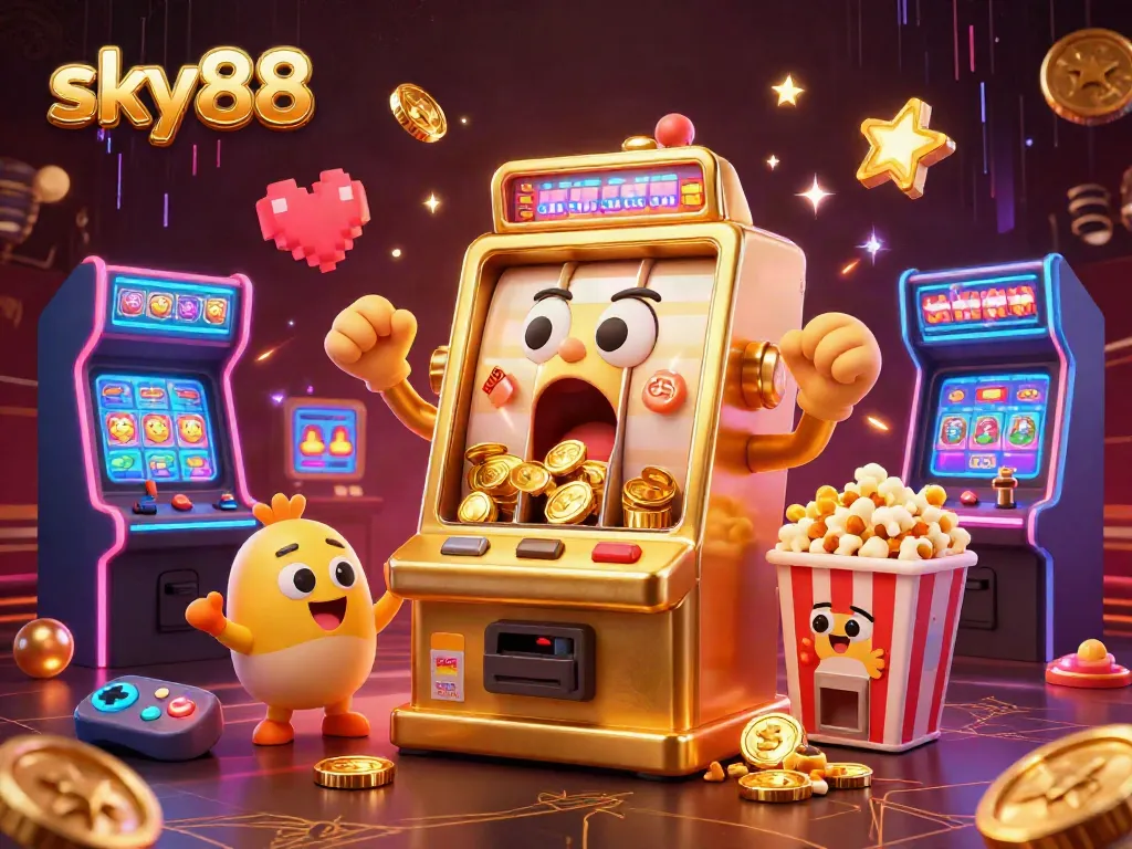Spin to win in sky88's casino with a joyful golden slot machine surrounded by cheerful companions.