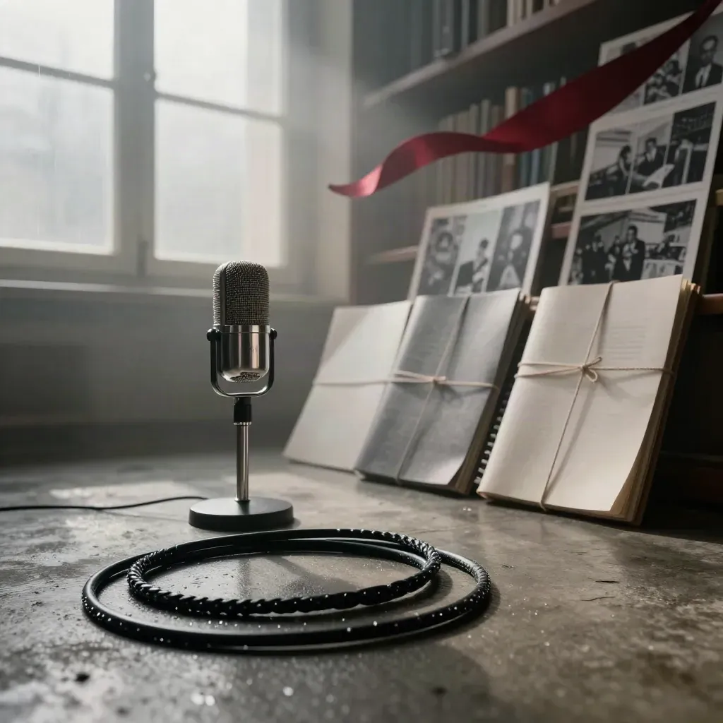 Câble tressé, micro podcast chromé, dossiers ficelés et baie blanche dans une aube pluvieuse.