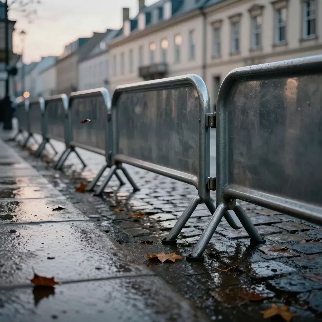 Place de ville au crépuscule, pavés mouillés, barrières mobiles et feuilles dans le vent.