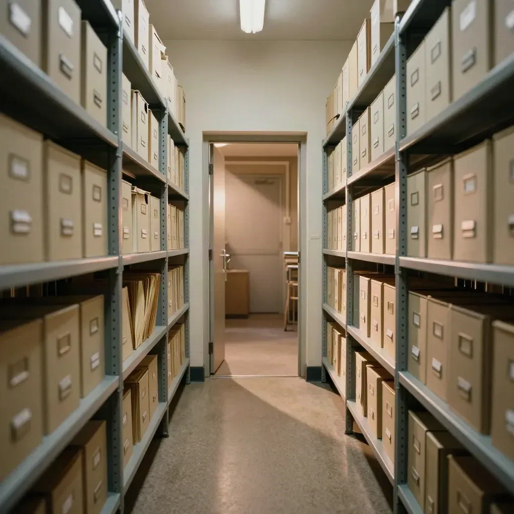 Couloir d’archives départementales, boîtes neutres et rayonnages métalliques, porte éclairée.
