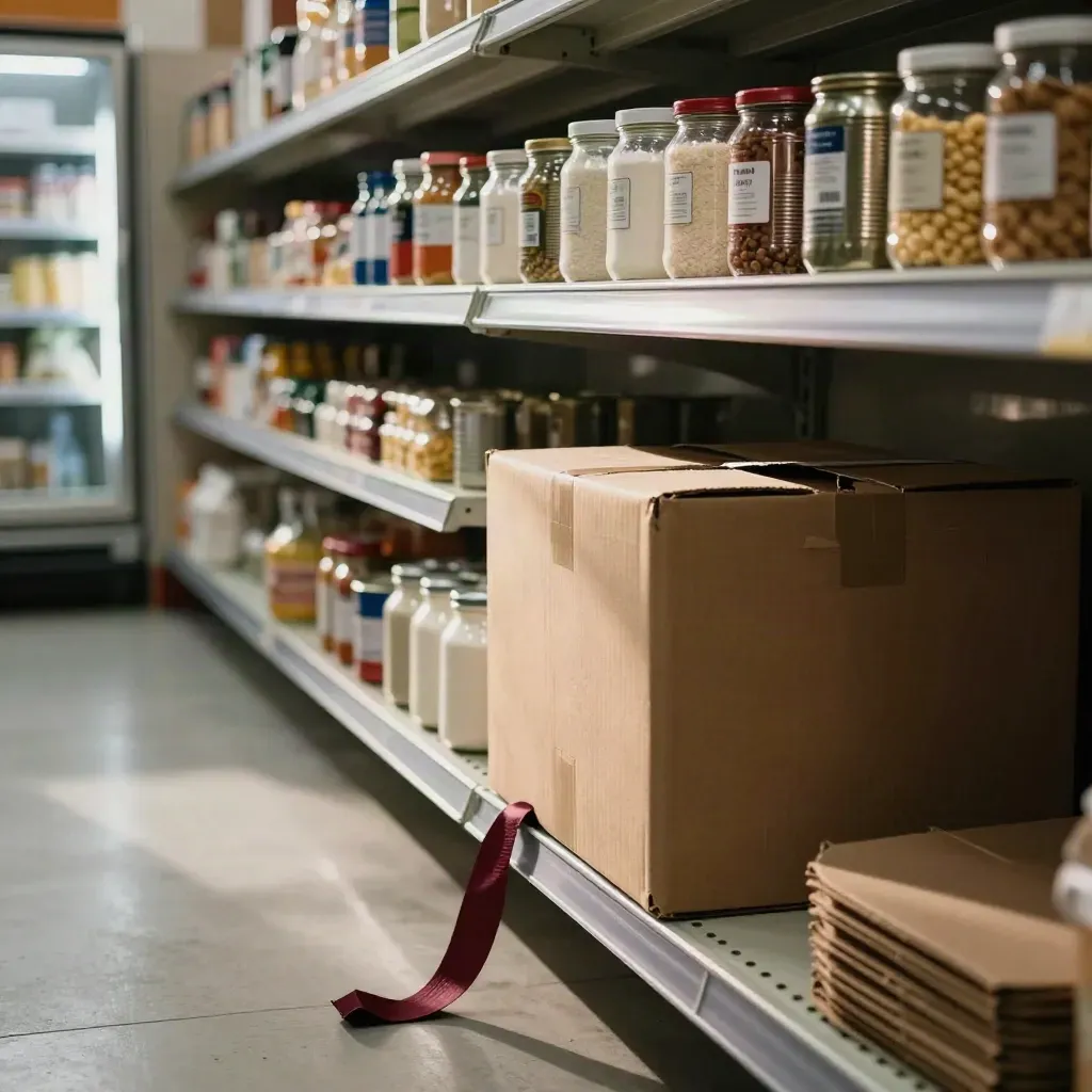 Rayon de supermarché presque vide, carton ouvert et lumière froide du frigo.