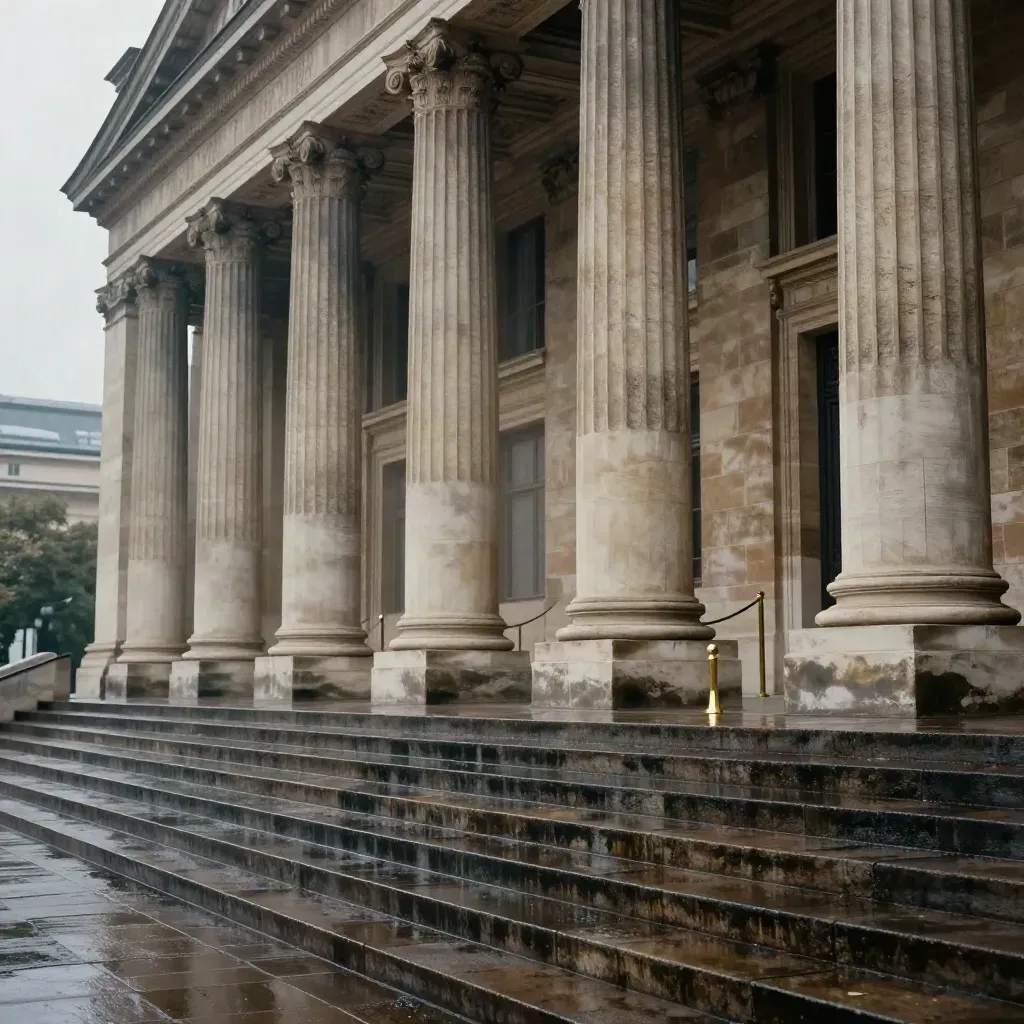 Perron d’un ministère sous la pluie, avec colonnes, cordon discret et ciel lourd.