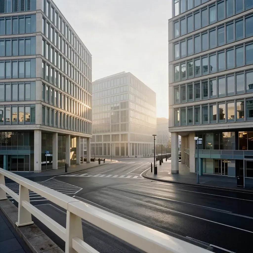 Quartier européen de Bruxelles à l’aube, façades de verre et carrefour vide dans la brume.