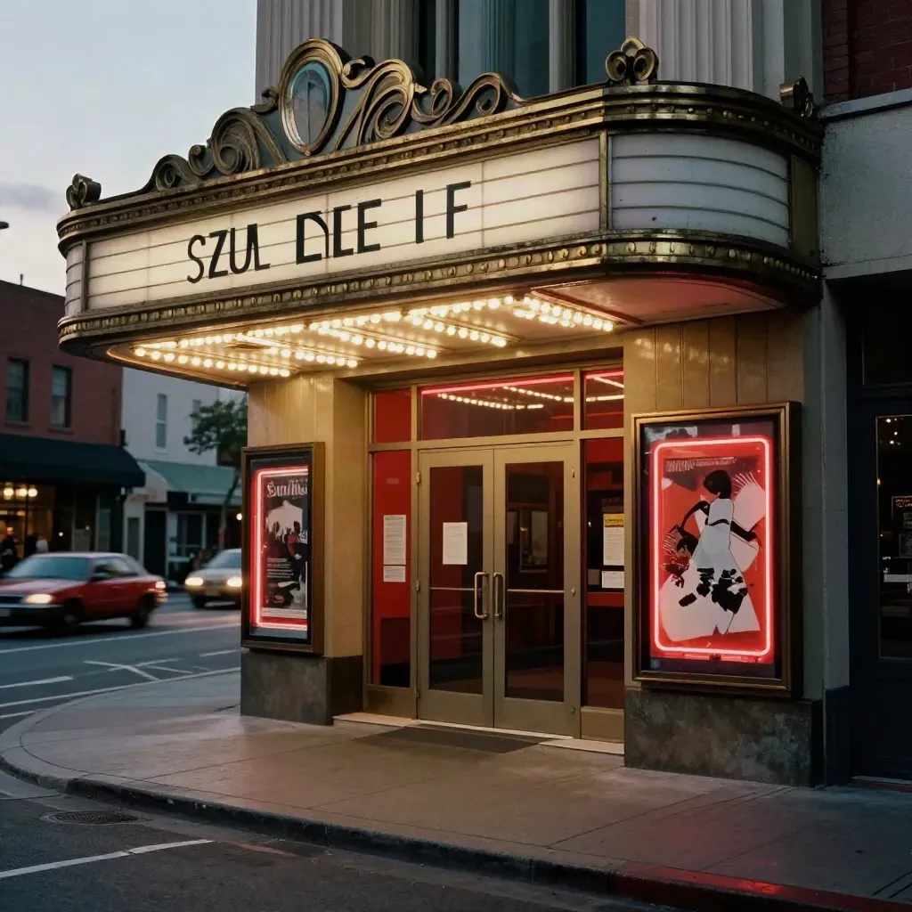 Cinéma art-déco fermé au crépuscule, néons rouges derrière le verre et reflets sur le trottoir.
