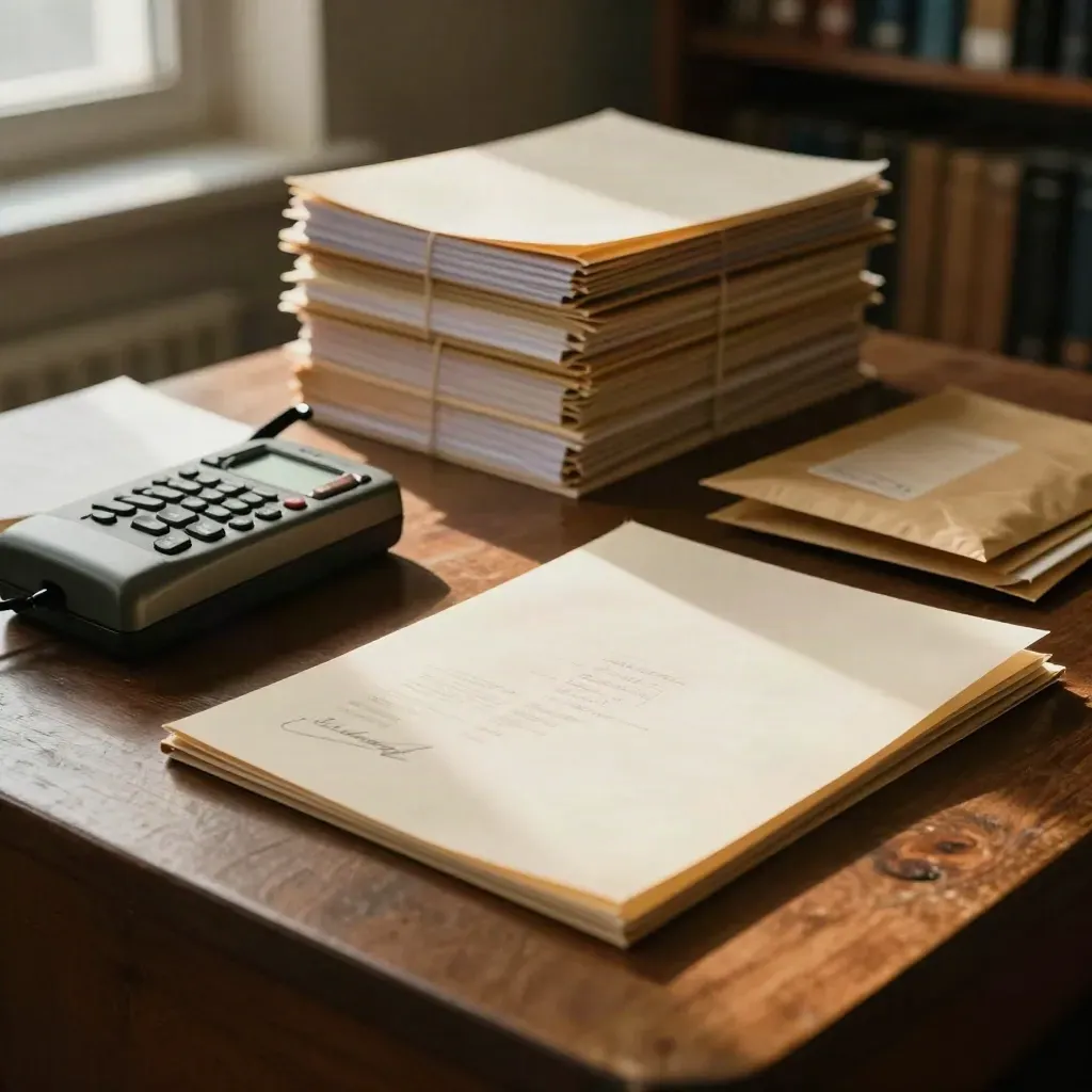 Dossiers d’enquête, dictaphone éteint et enveloppes kraft sur une table en bois, lumière de fin d’après-midi.
