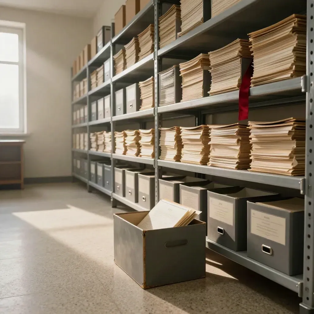Salle d’archives judiciaire à l’aube, boîtes grises ouvertes et rayonnages hauts dans la poussière.