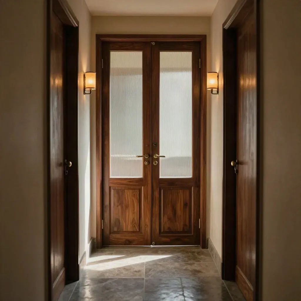 Couloir feutré de préfecture, portes en bois sombre et lumière de fin d’après-midi.