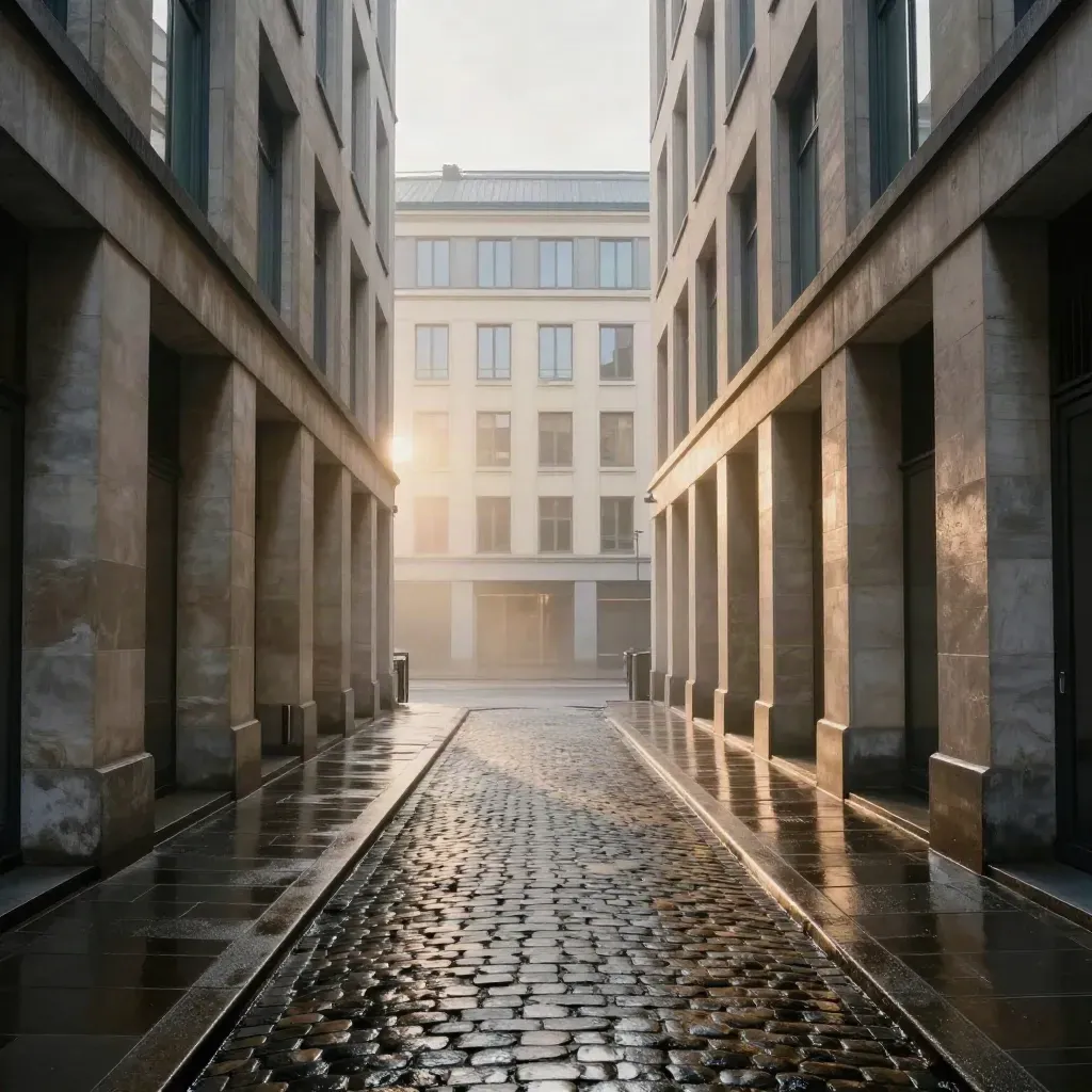 Quartier européen de Bruxelles entre deux façades mouillées au lever du jour, lumière chaude après l’orage.