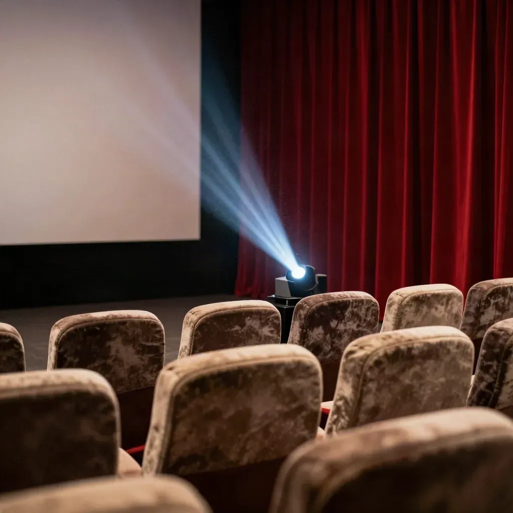 Salle de cinéma vide, faisceau de projecteur et poussière en suspension, rideau rouge profond.