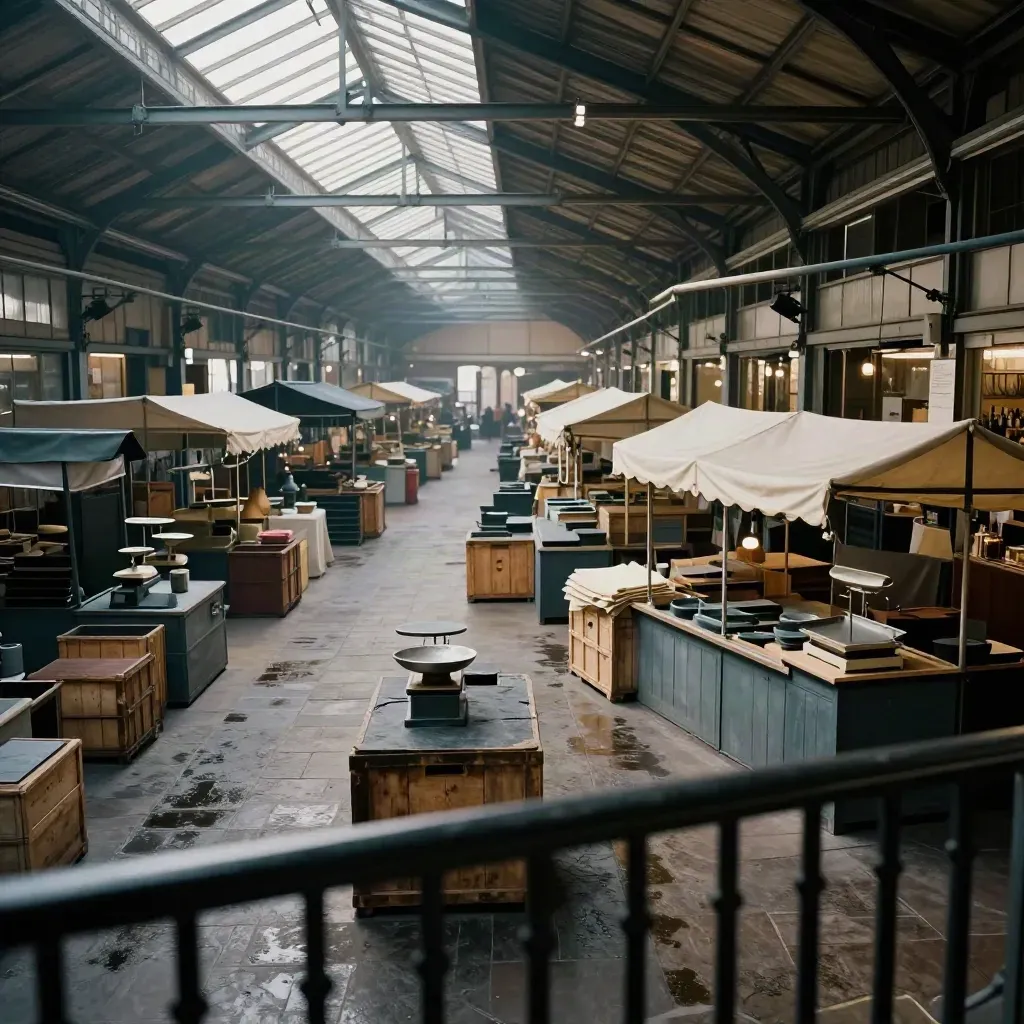 Vue en plongée d’un marché couvert à l’ouverture, cagettes, balances et lumière froide.