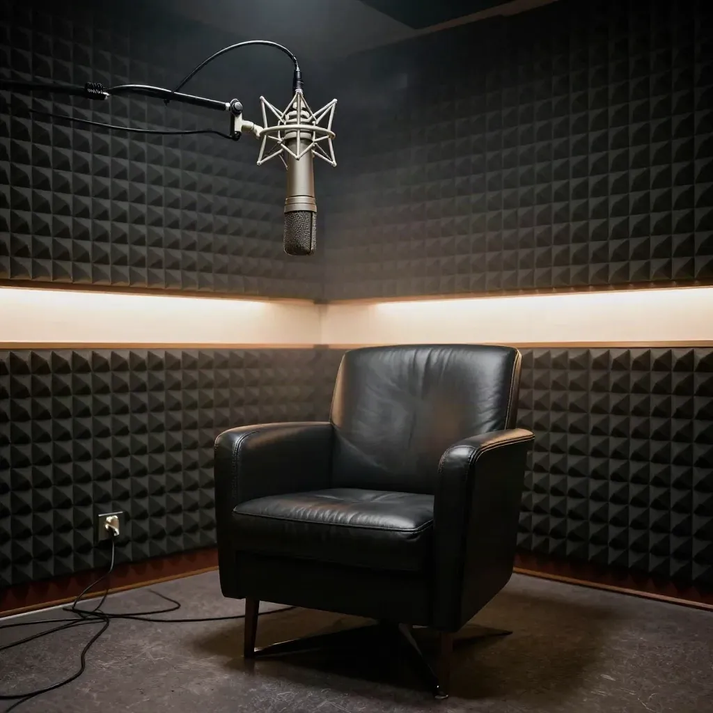 Studio radio sombre, micro suspendu et fauteuil vide dans une lumière cinématographique.