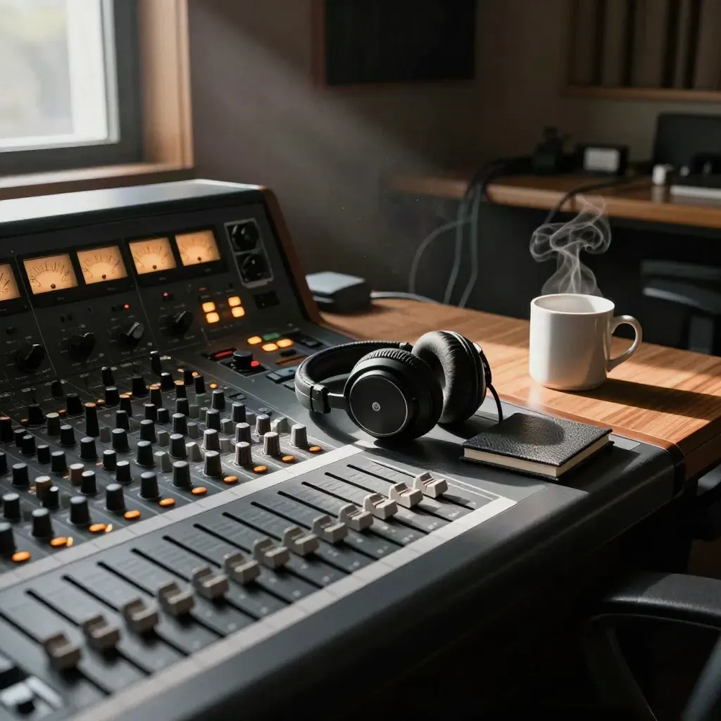 Régie de podcast vue en douce plongée, console analogique, casque, carnet fermé et tasse en céramique.