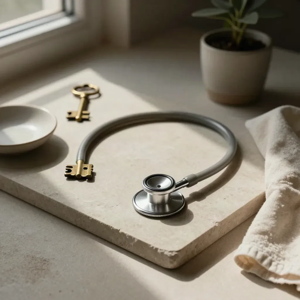 Stéthoscope, clé, coupelle et plante sur une pierre claire, lumière douce.