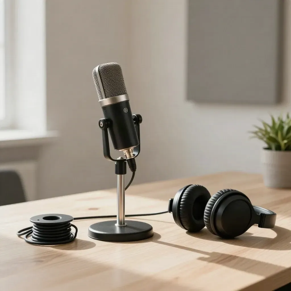 Micro vintage, casque et plante sur bois clair, lumière douce de studio.