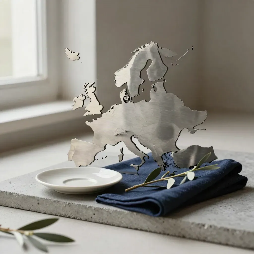Découpe de l’Europe en métal, tissu bleu nuit, soucoupe claire et branche d’olivier.