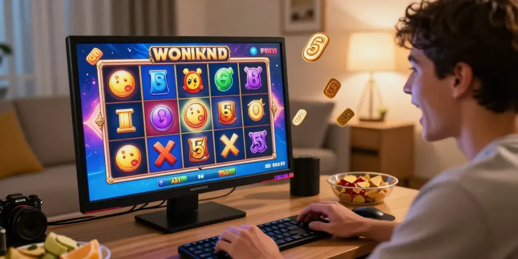 Pemain bahagia bermain slot88 dengan jackpot di ruang santai modern.
