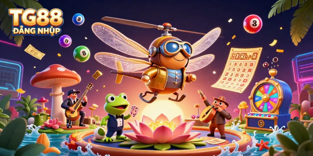 Experience exhilarating gameplay with TG88 ĐĂNG NHẬP showcasing vibrant lottery balls and engaging characters in a casino setting.