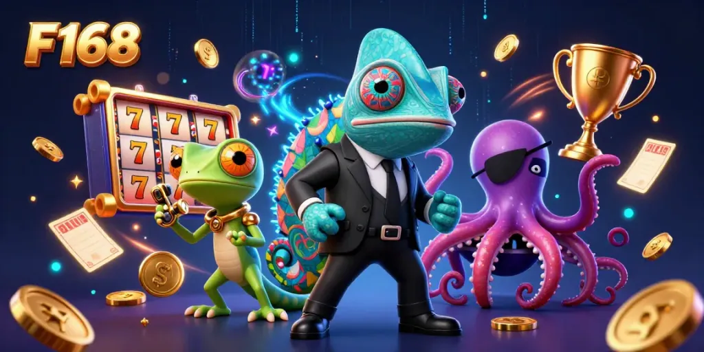 F168 online casino experience featuring a dynamic illustration with a secret agent chameleon and vibrant gaming elements.