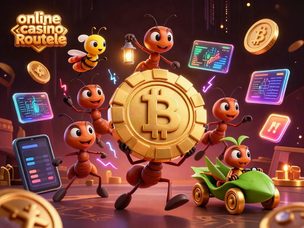 Play online casino roulette with animated ants on a treasure heist, cryptocurrency elements glowing.
