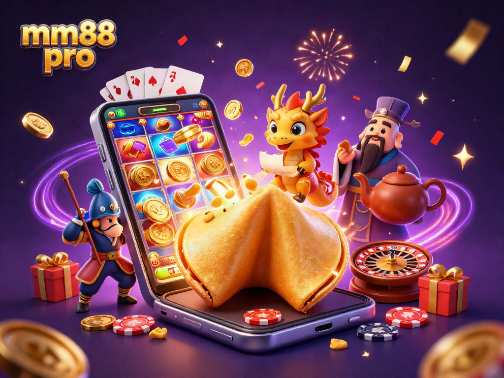 Experience the excitement of mm88 pro with vibrant slot games, fortune cookies, and magical elements.