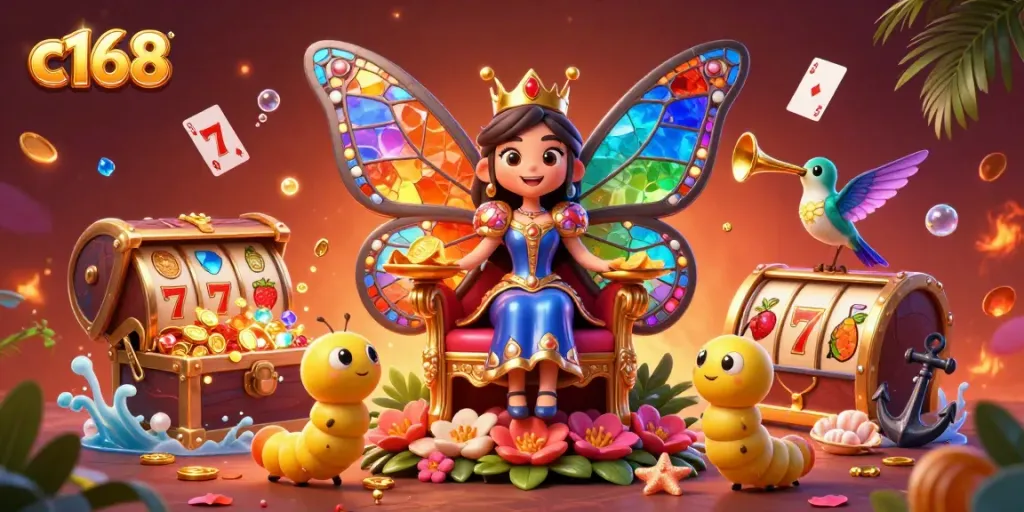 C168 showcases vibrant casino adventure with a butterfly queen and slot elements, drawing players in.