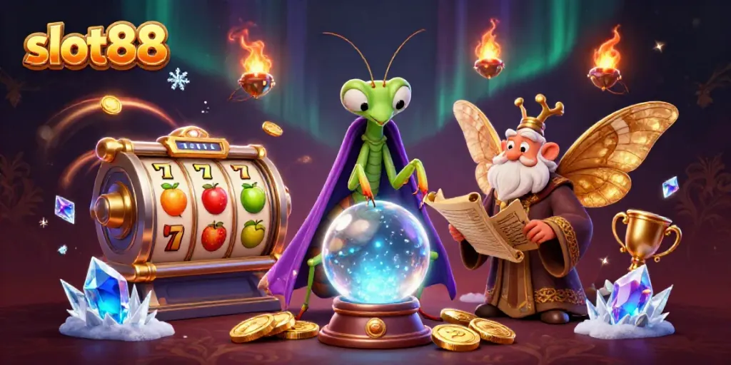 Engage with slot88 gameplay featuring a cartoon fortune teller and mystical elements.