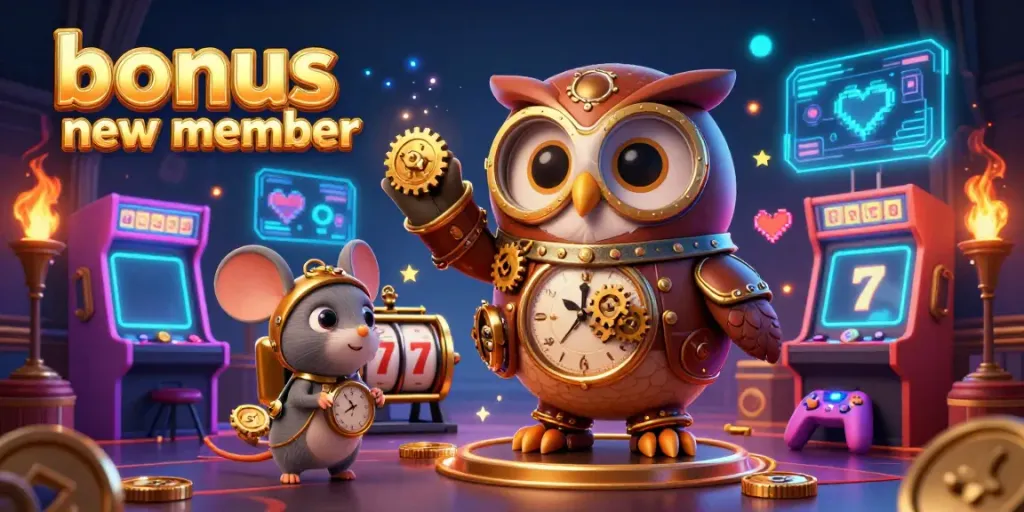 Experience the adventure of the bonus new member offer with an enchanting steampunk owl and vibrant slot themes in a detailed illustration.