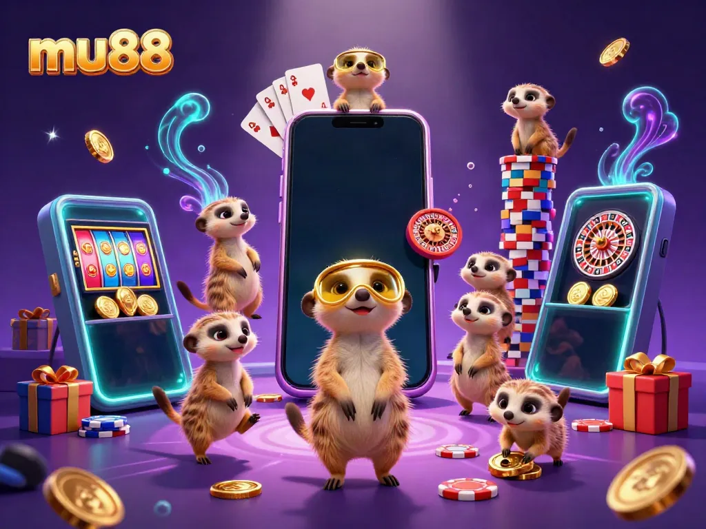 Experience the excitement of mu88 with meerkats managing vibrant casino games and slots in a lively setting.