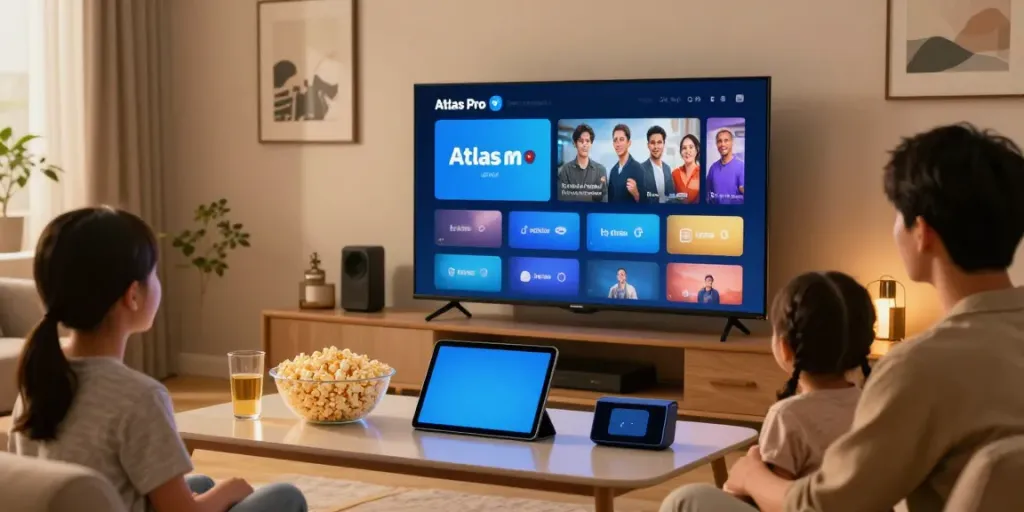 Famille profitant de l'expérience Atlas Pro IPTV dans un salon moderne